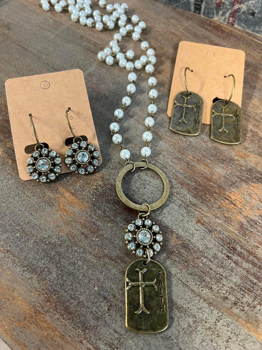 Faith cross pearl necklace and earrings