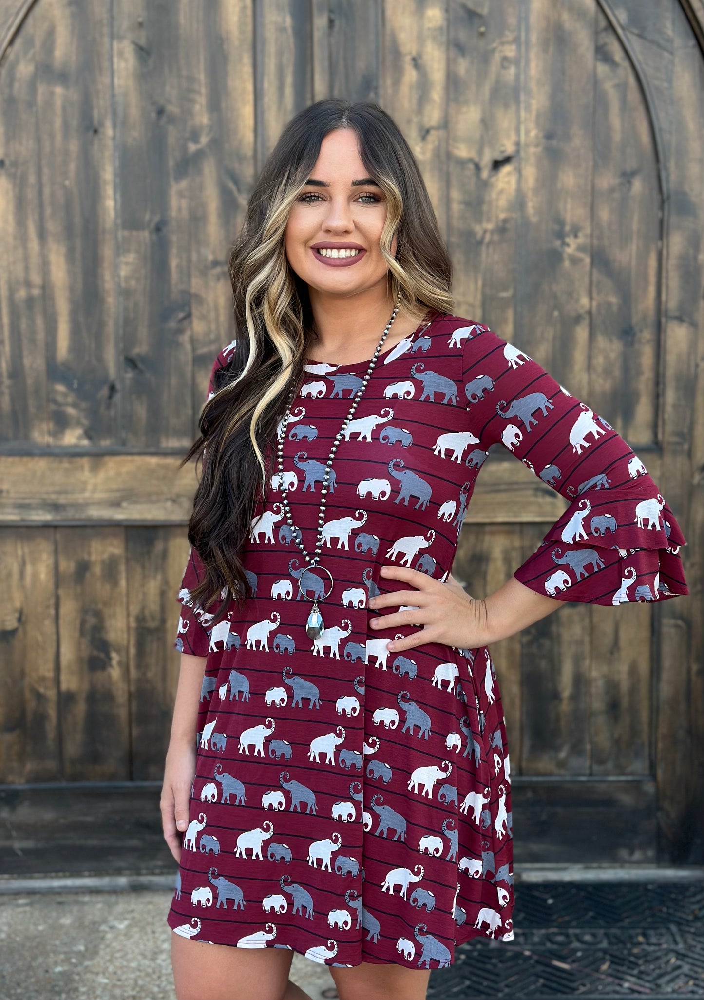 Burgundy elephant print dress