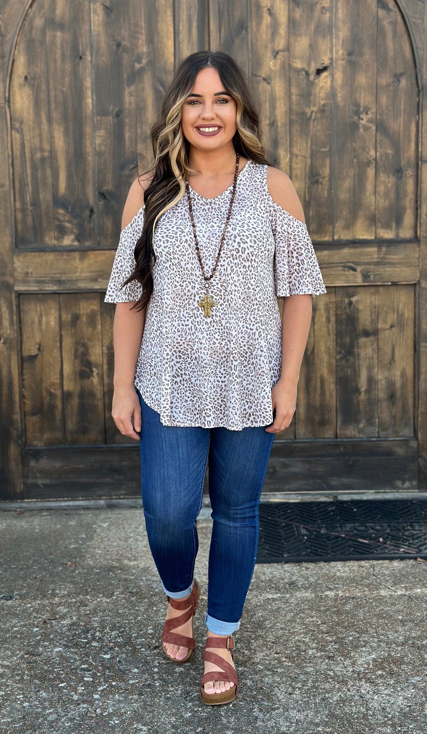 Taupe leopard print cold shoulder tunic