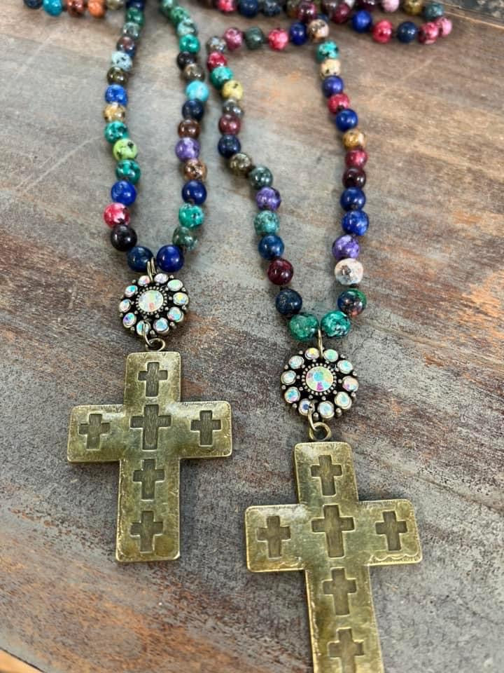 Natural stone bronze cross necklace