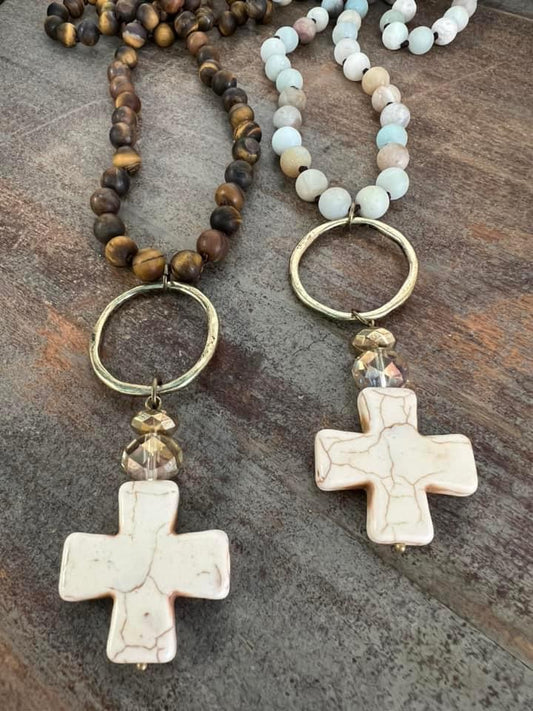 Natural stone ivory cross necklace