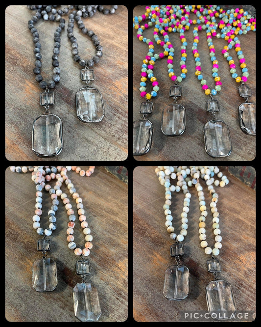 Beaded necklaces with double clear stone pendants