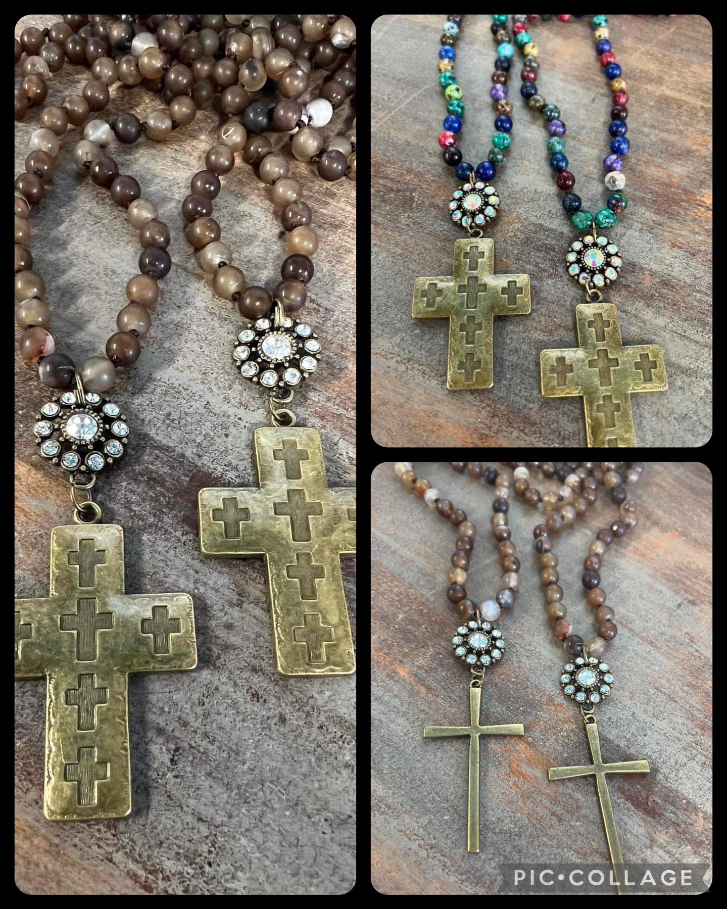 Natural stone bronze cross necklace