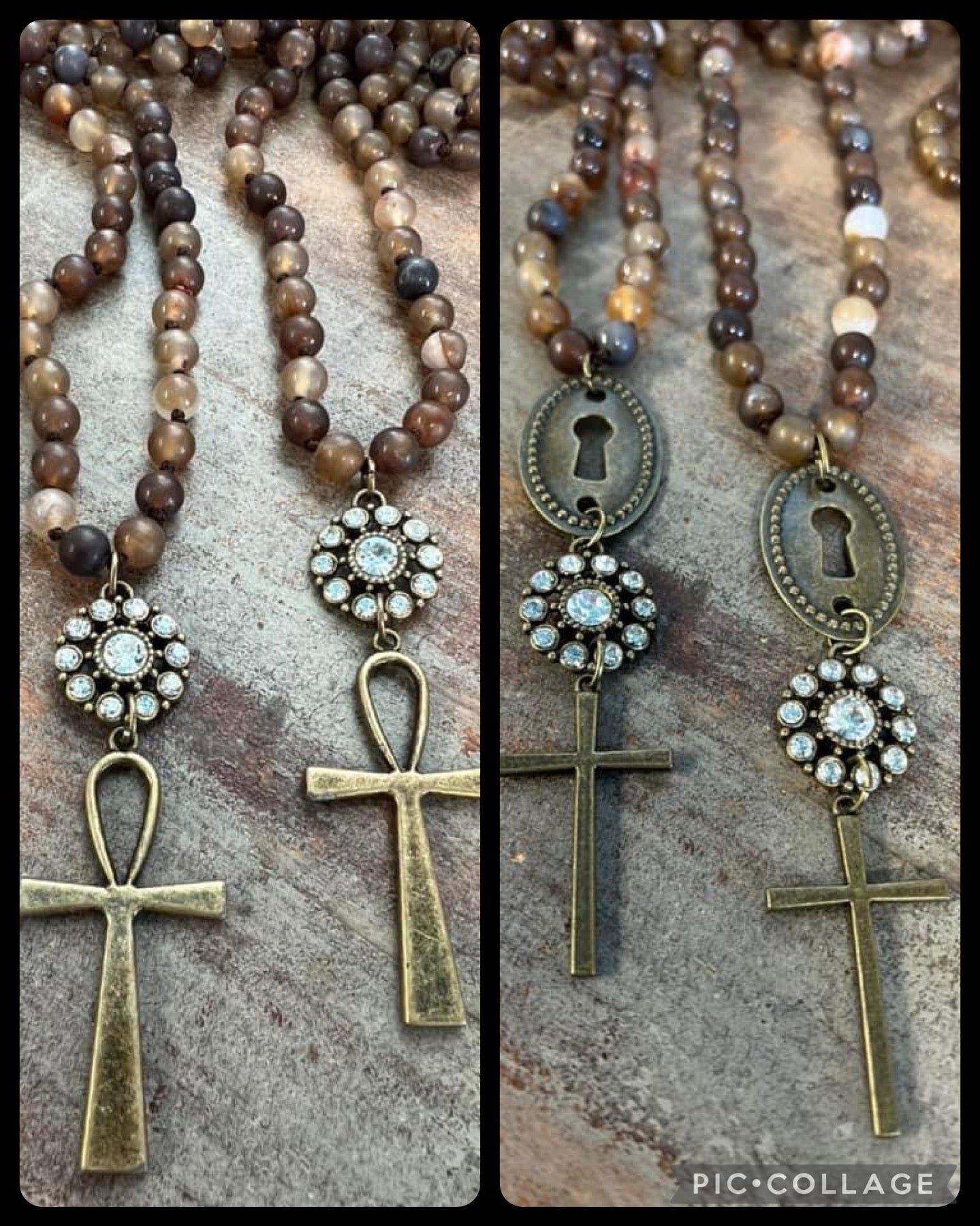 Brown mix natural stone cross necklaces