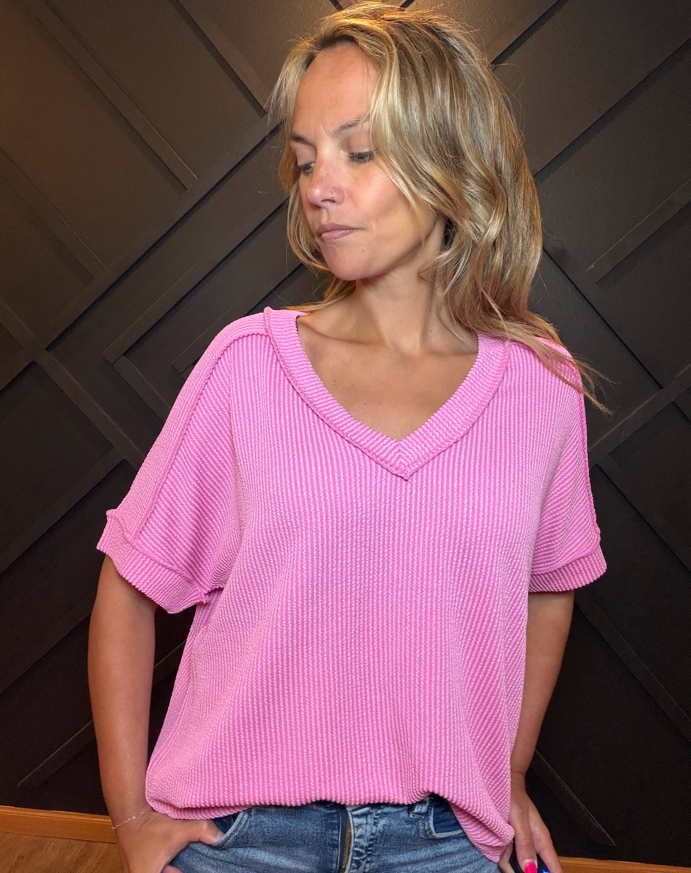 The Everyday Ribbed Short Sleeve V Neck Top