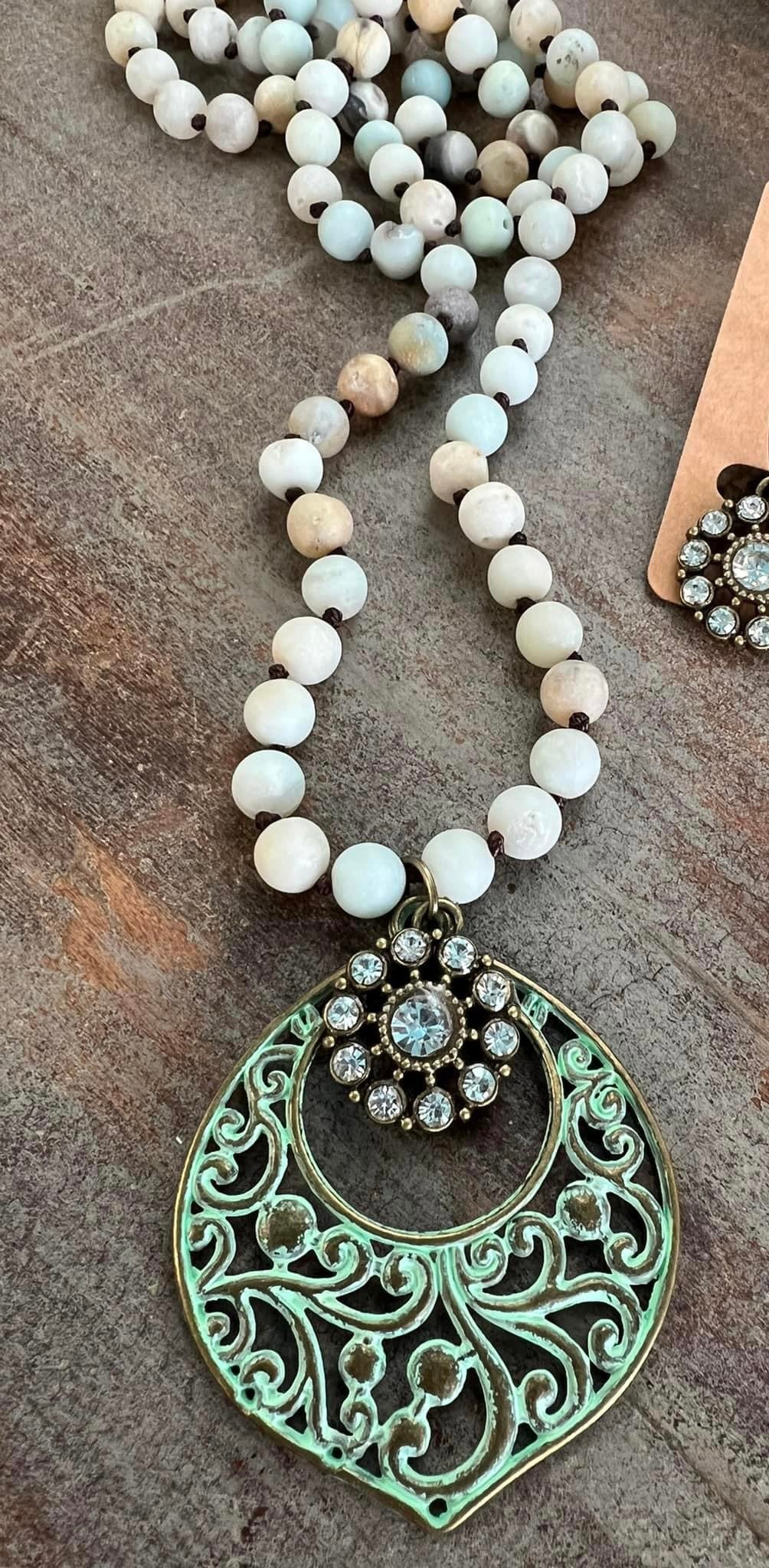 Amazonite natural stone necklace with vintage filigree stone pendant set