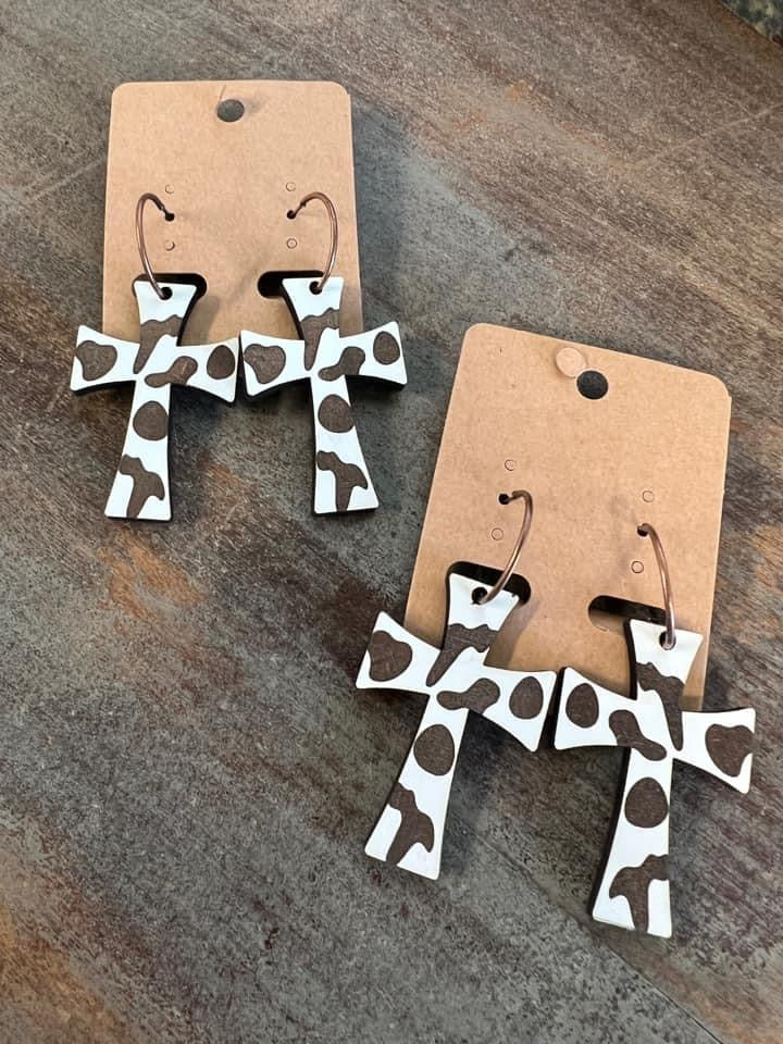 Cow print wood cross earrings