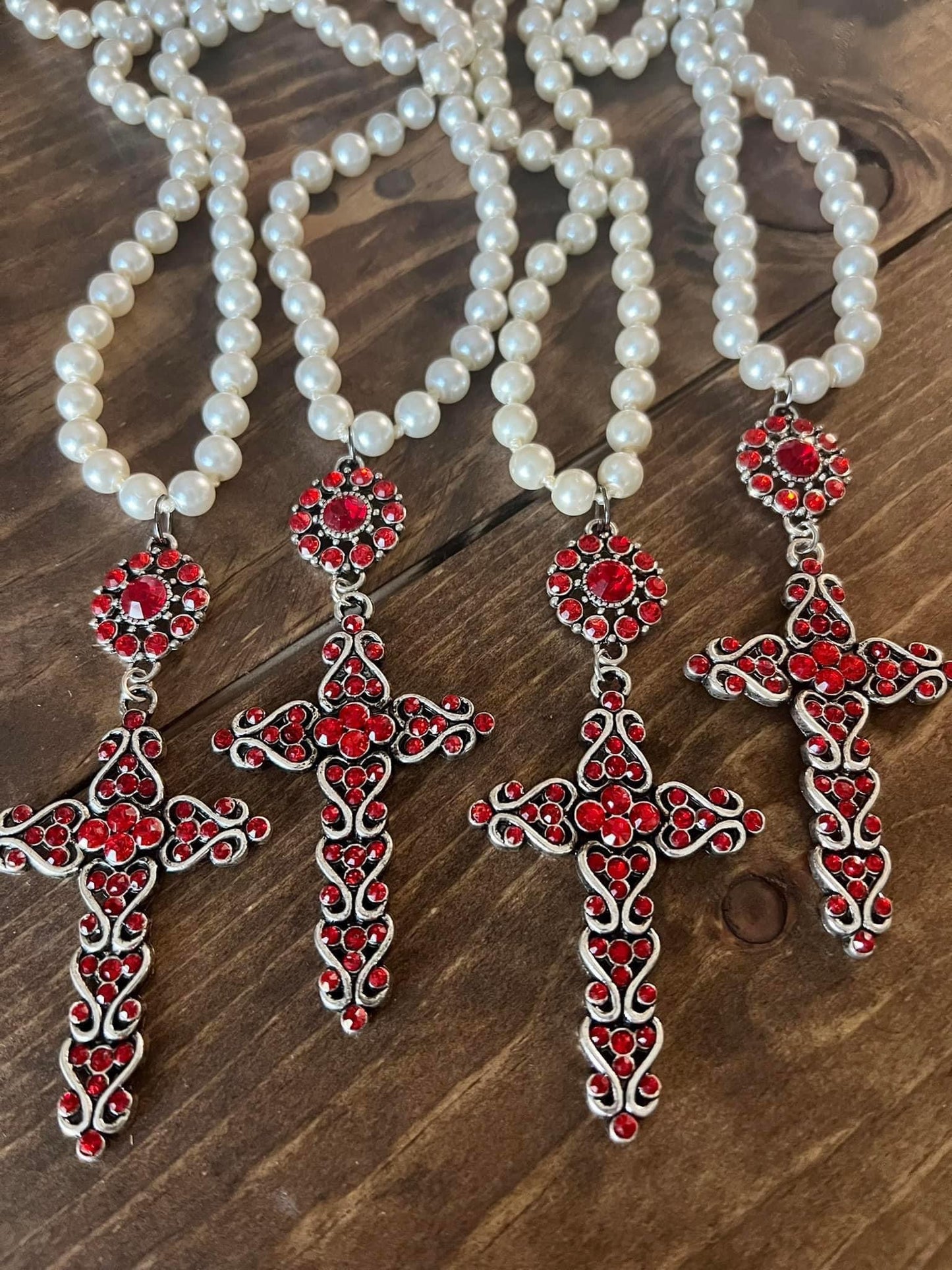 Gorgeous ruby cross pearl necklace