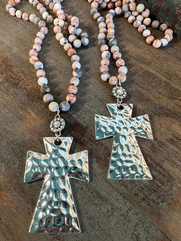 Natural stone bead cross necklaces