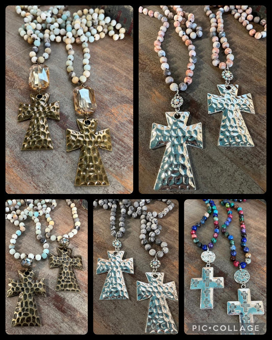 Natural stone bead cross necklaces