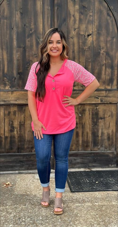 Neon pink leopard contrast top with button detail