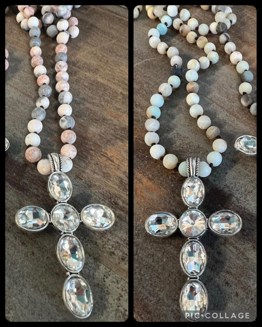 Natural stone clear cross necklace