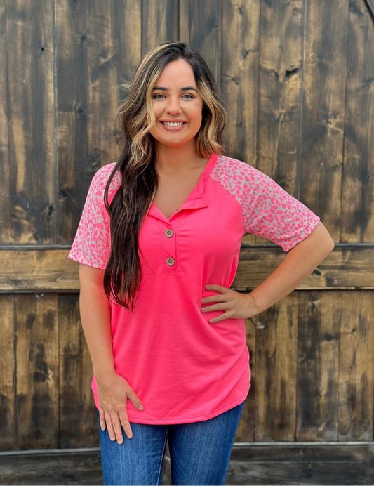 Neon pink leopard contrast top with button detail