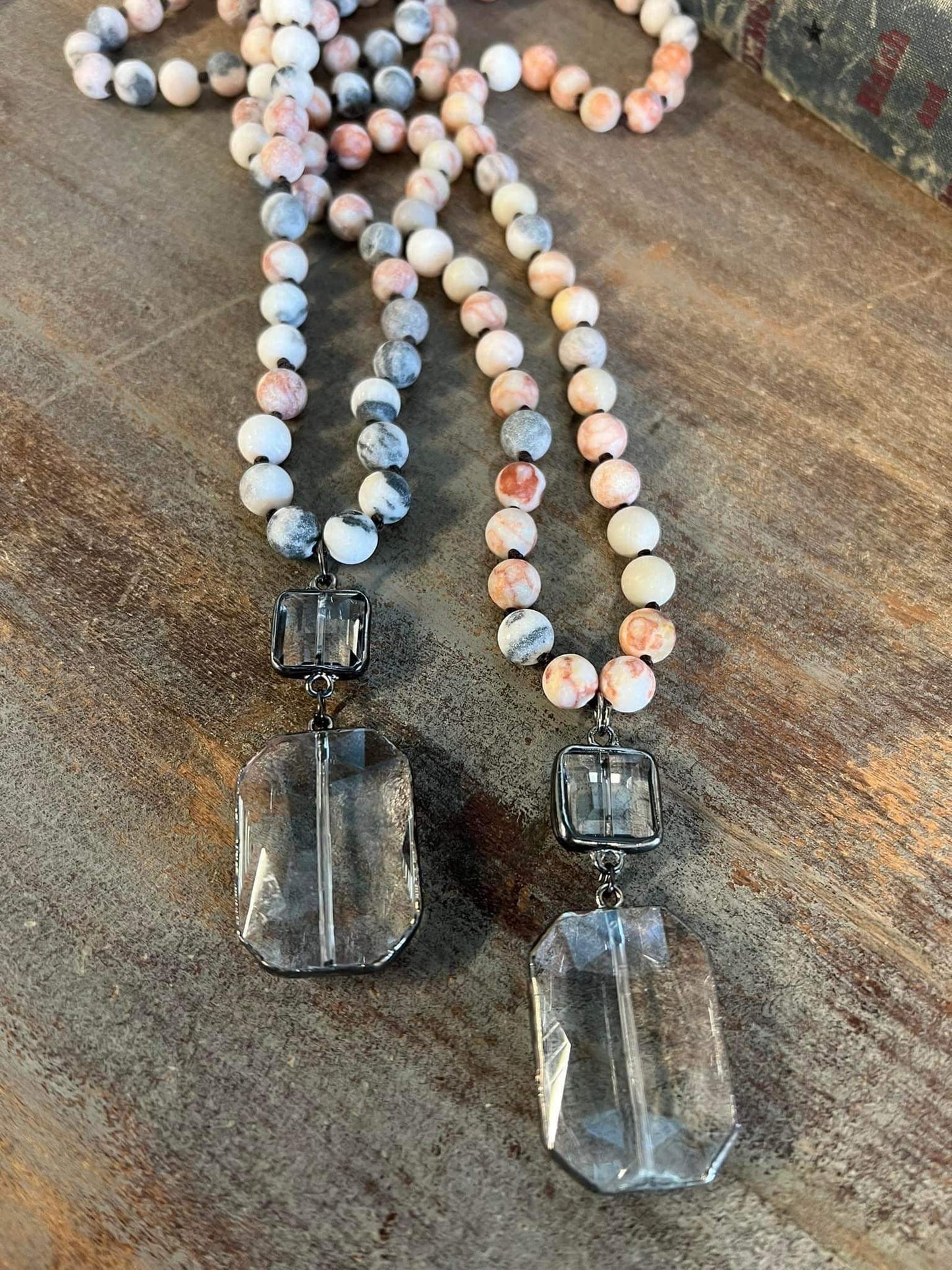 Beaded necklaces with double clear stone pendants