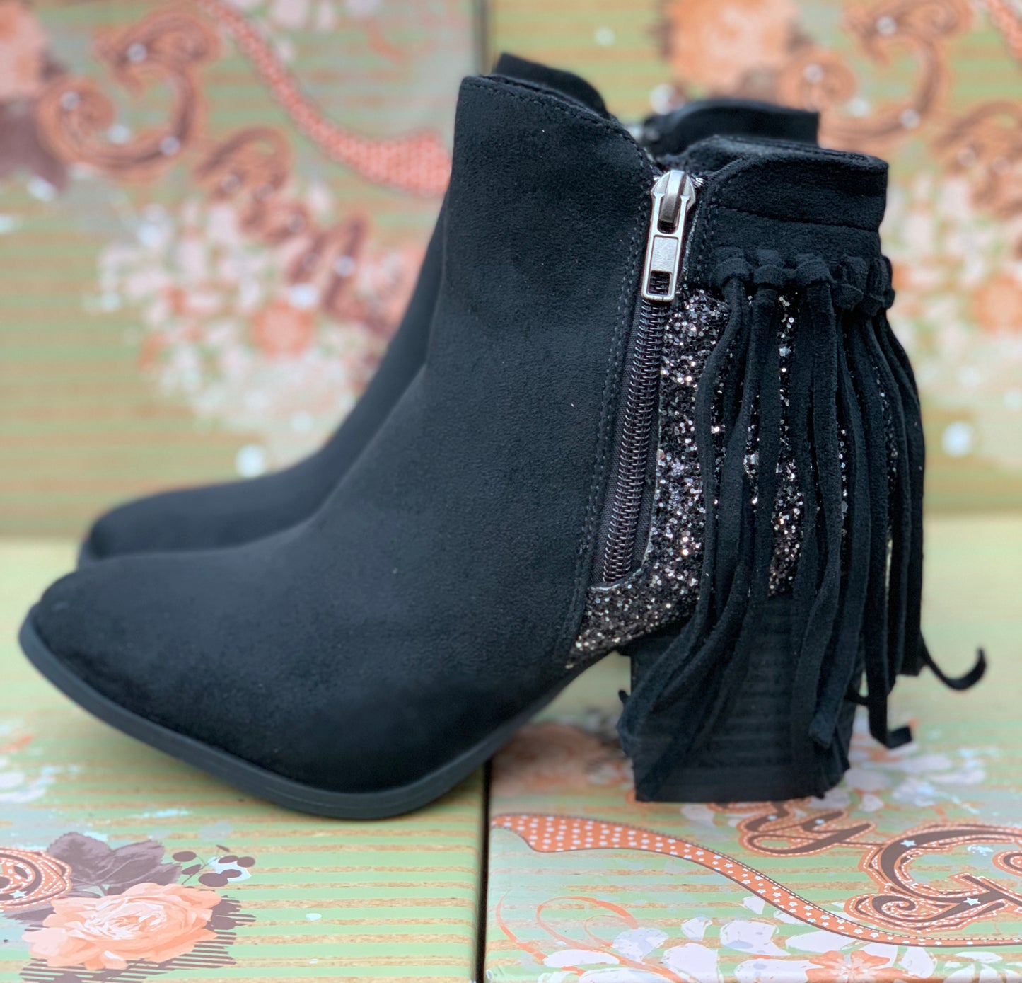 Very G black glitter/fringe heel boots