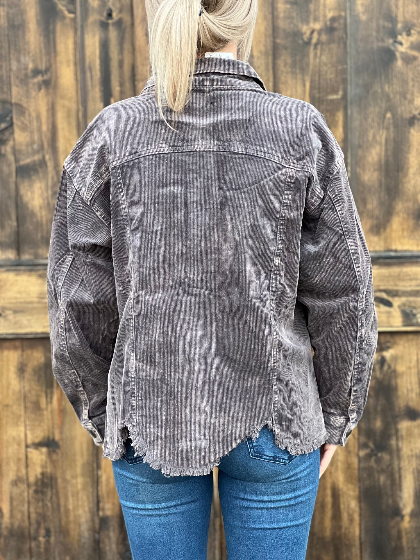 Charcoal washed corduroy distressed shacket