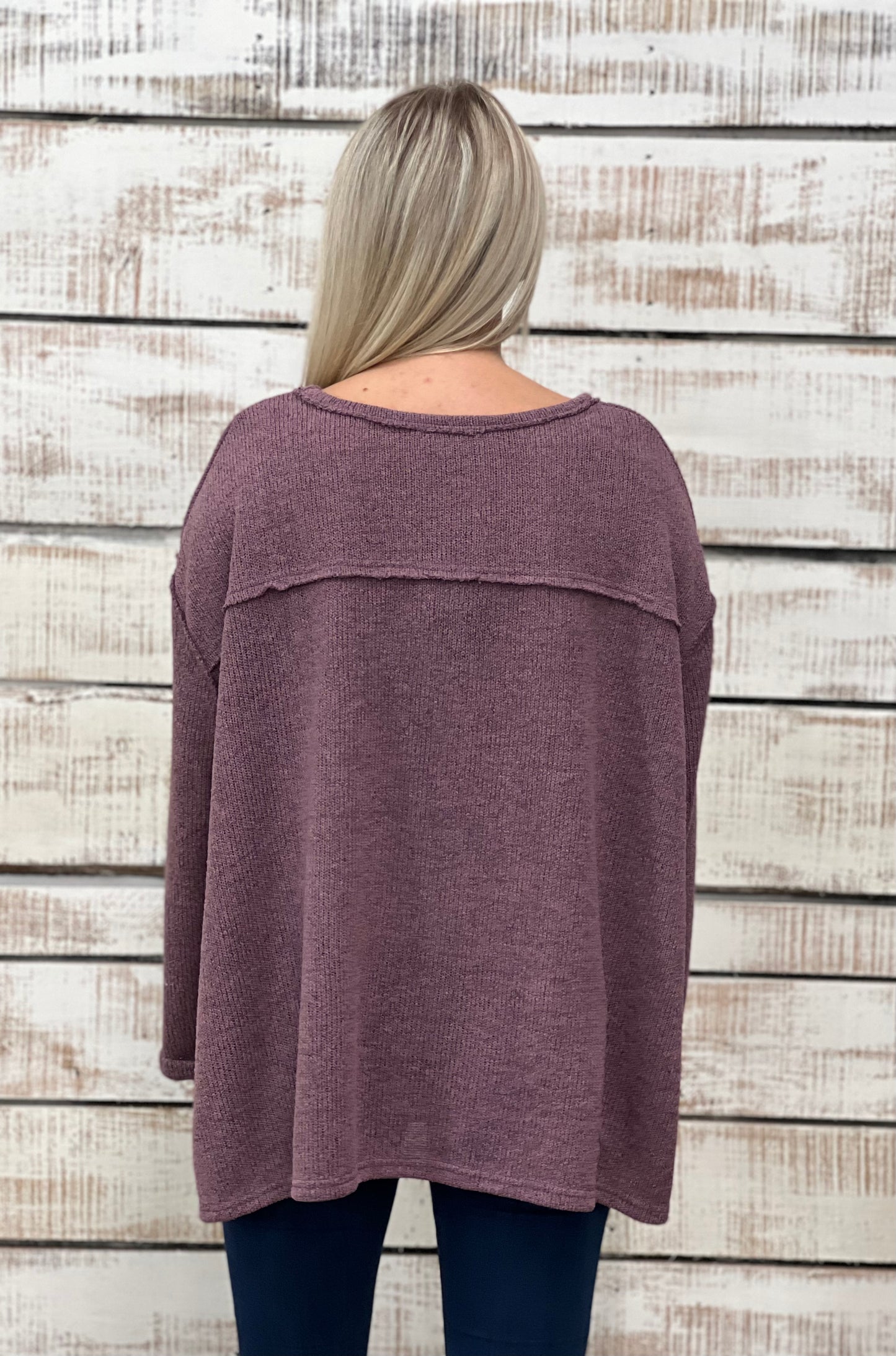 Taro-purple knit sweater with raw edge detail