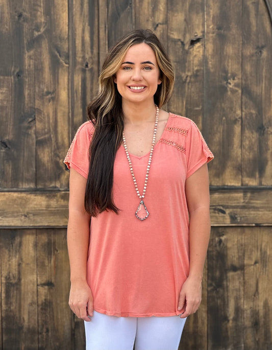 Coral mineral wash tunic with crochet detail