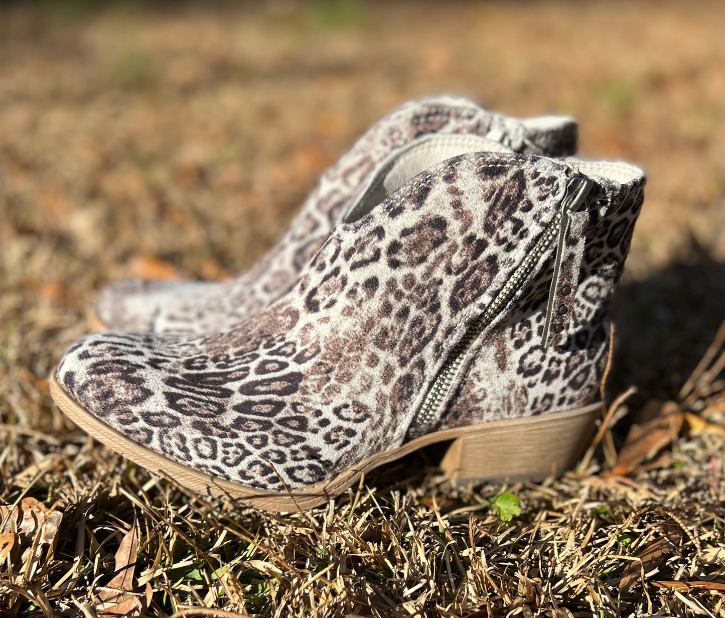 Very G white/black distressed leopard “Divine” booties