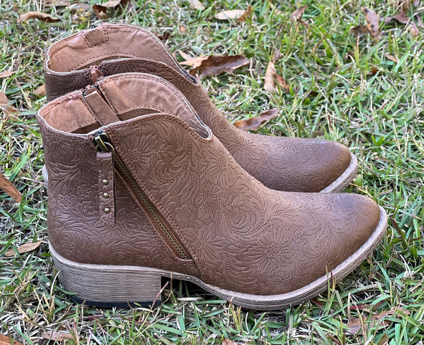 Very G tan distressed “Divine” tooled booties