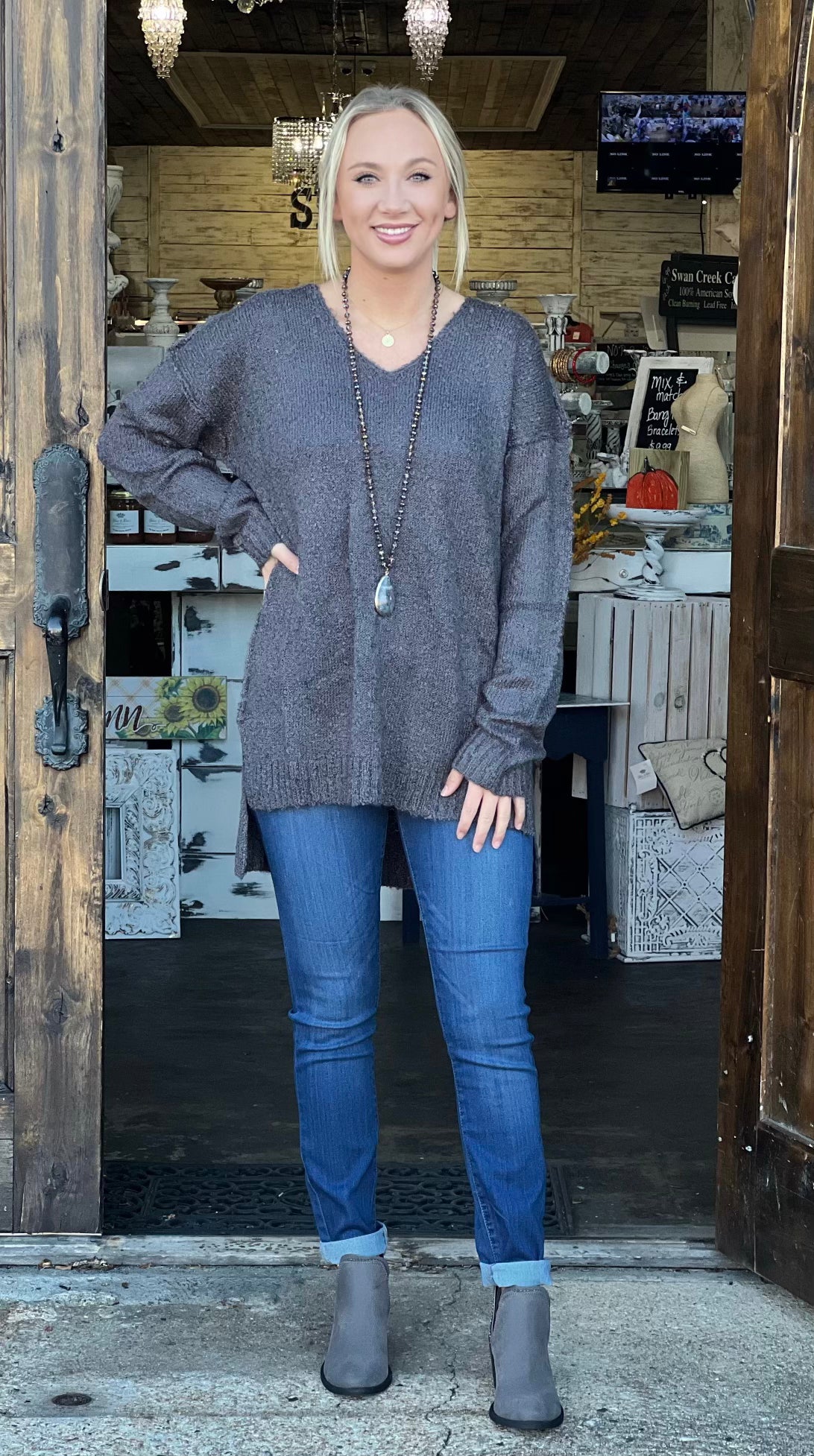 Charcoal v neck high-low sweater