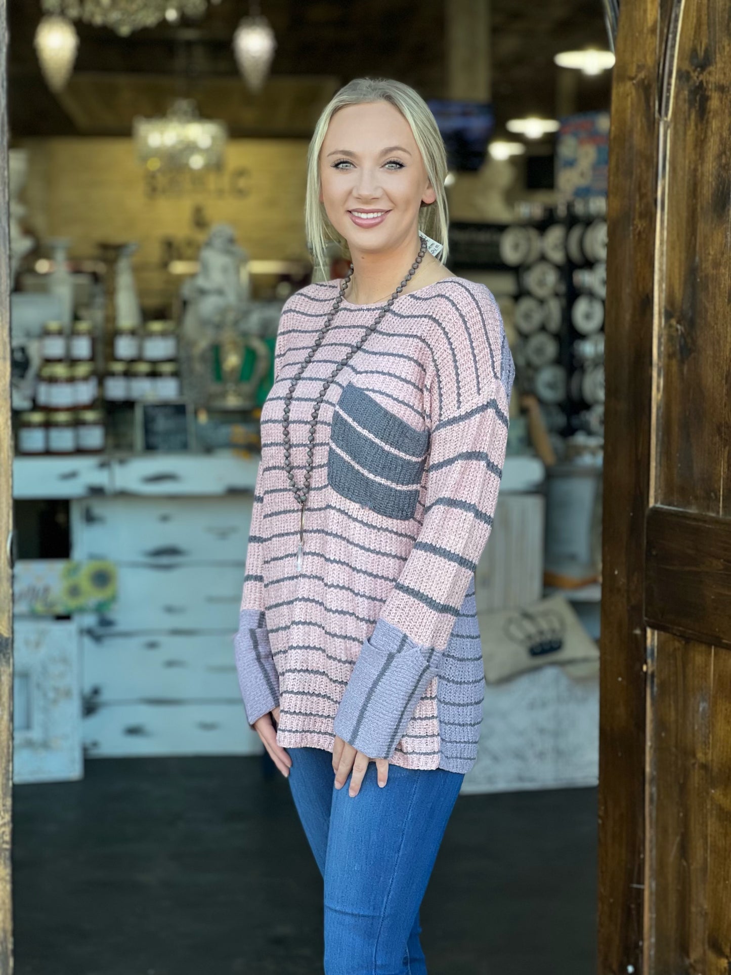 Blush/lavender stripe colorblock sweater