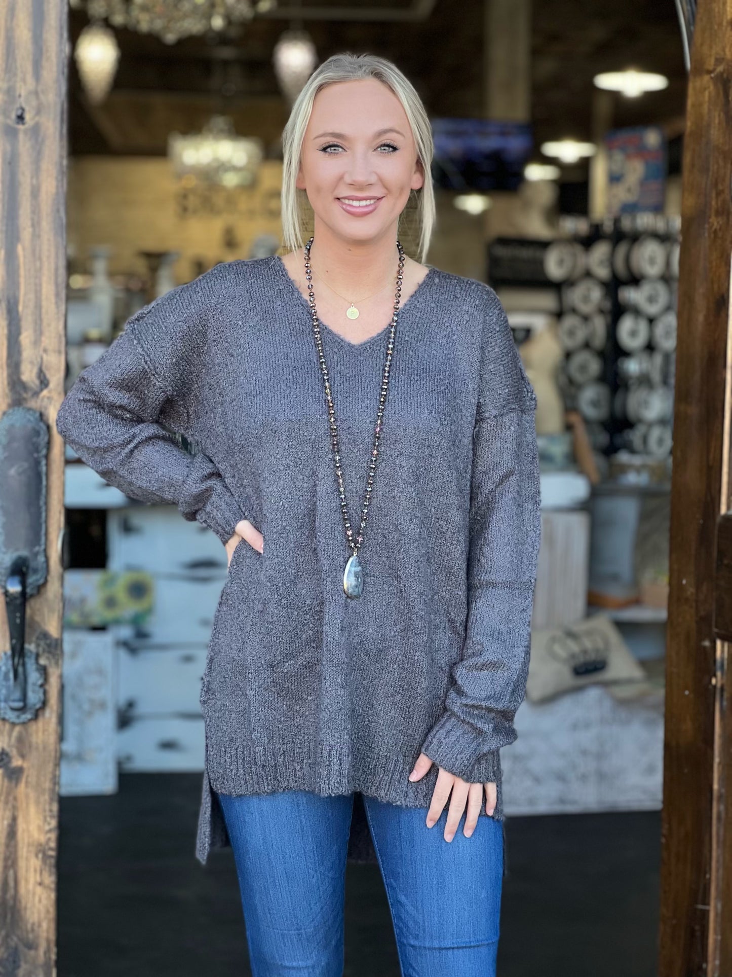 Charcoal v neck high-low sweater
