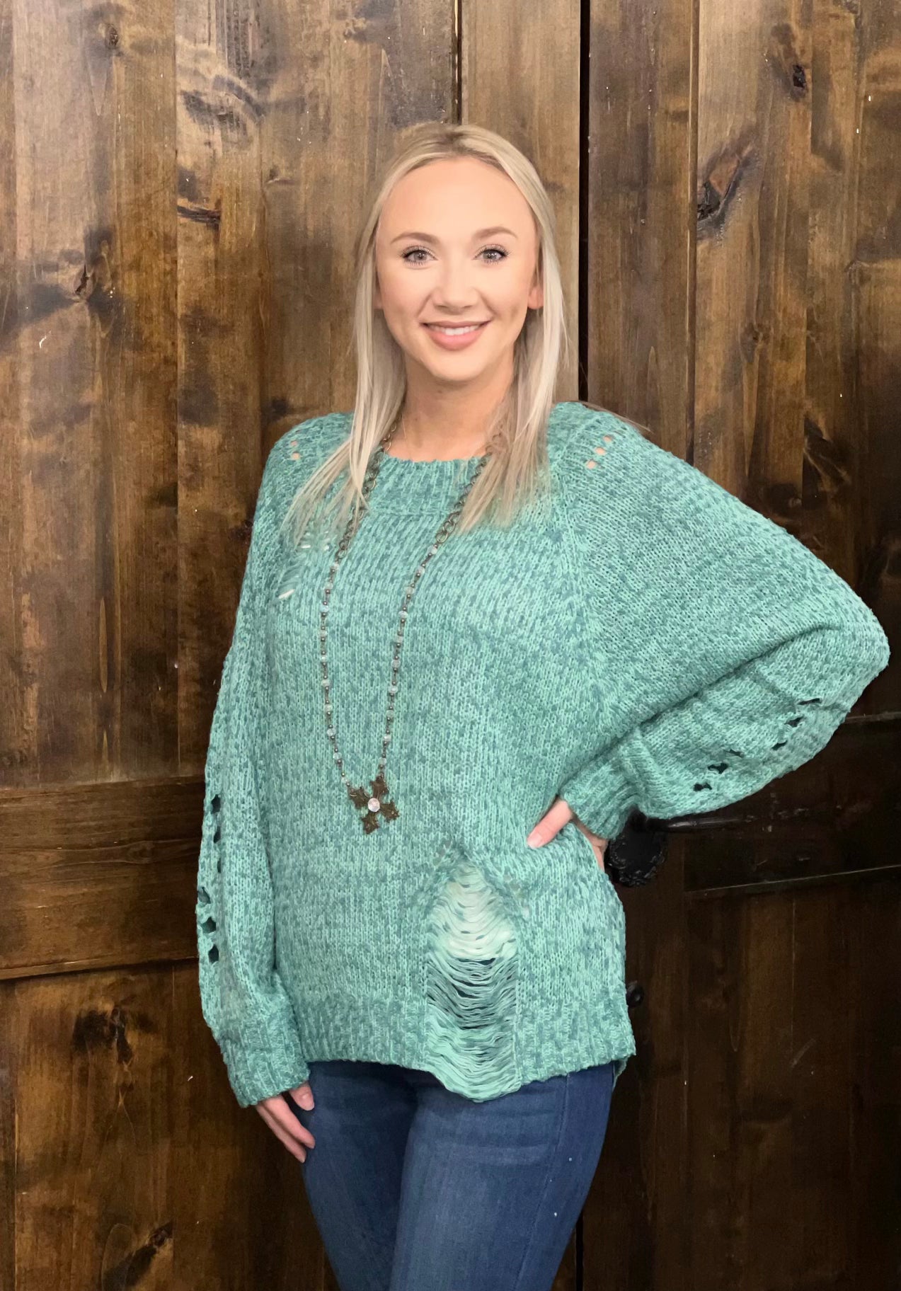 Umgee dusty mint distressed sweater