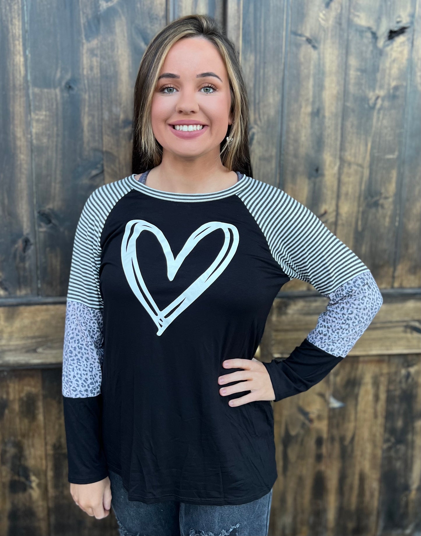 Black heart top with stripe leopard sleeves