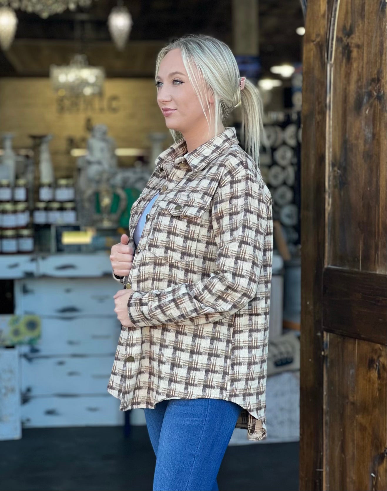 Taupe/brown mix plaid button up shacket